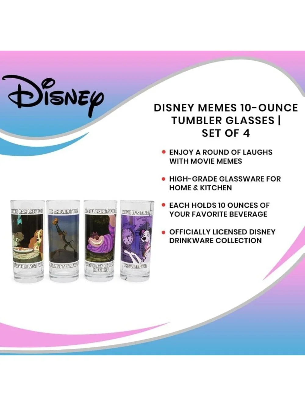 Disney-Inspired 4pc Tumbler Glass Set - Lion King, Alice, Lady & the Tramp
